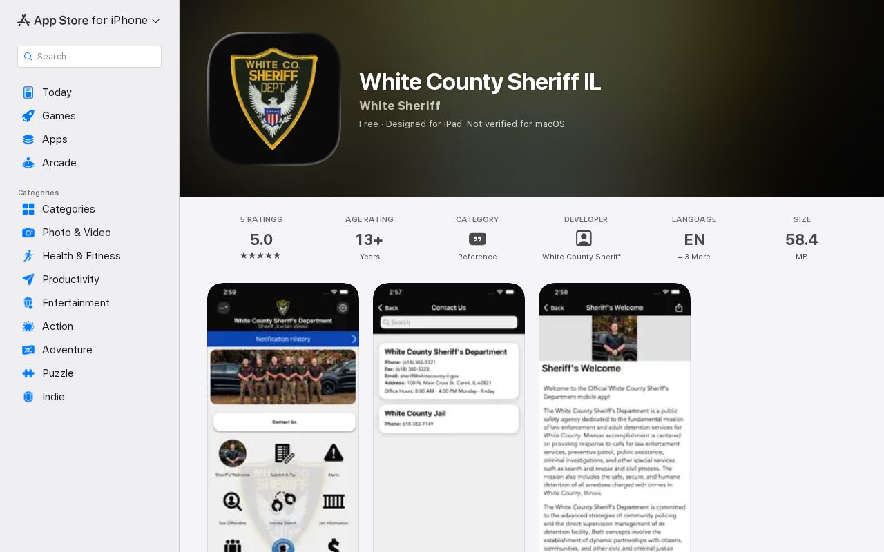 White County Sheriff app listing for public-safety and warrant tip context